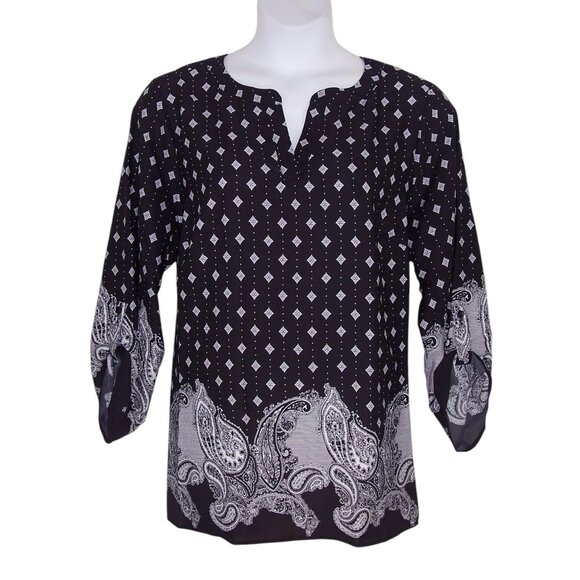 Avenue Tops - NEW Avenue 22/24 Paisley Border Top Black & White 3/4 Roll Tab Sleeves